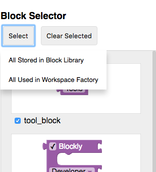 The Block Selector area of the Block Exporter tab. This has a Select button to
select all blocks in the block library or select all blocks used in the
Workspace Factory, a Clear Selected button, and a list of blocks that can be
selected individually.