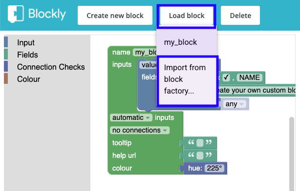 Screenshot of the Block Factory showing the "Load block" and "Import"buttons highlighted