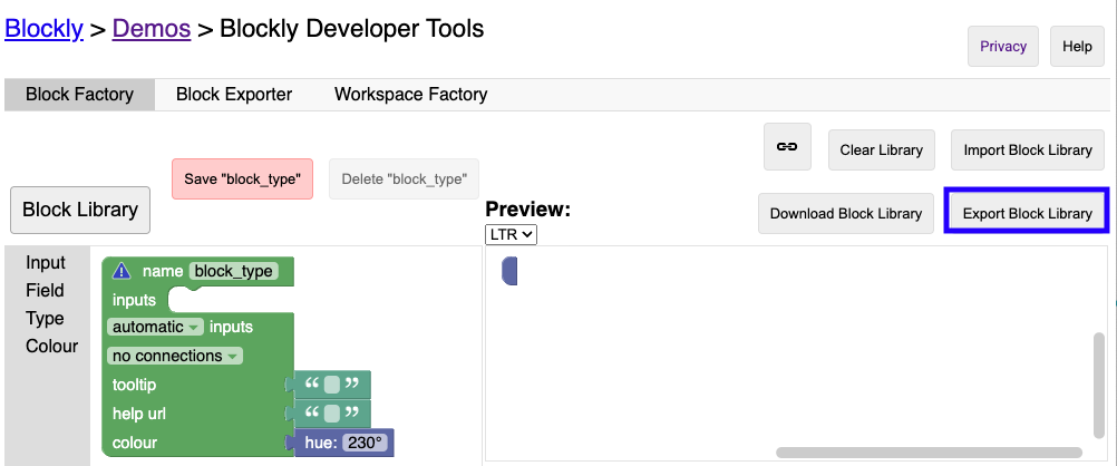 Screenshot of the legacy Block Factory with the "Export Block Library"button highlighted