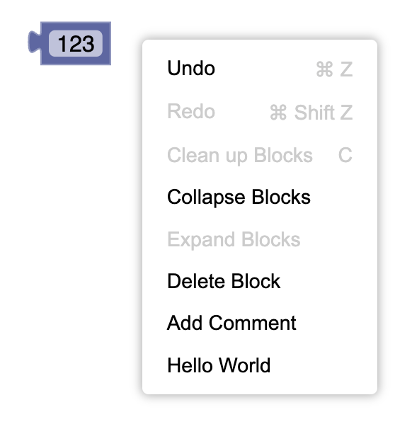 A block on the workspace, and a context menu open beside it without the "Help" message.