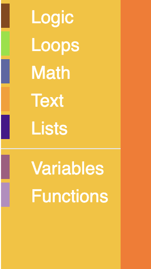 A Blockly toolbox with Halloween colours next to each category.