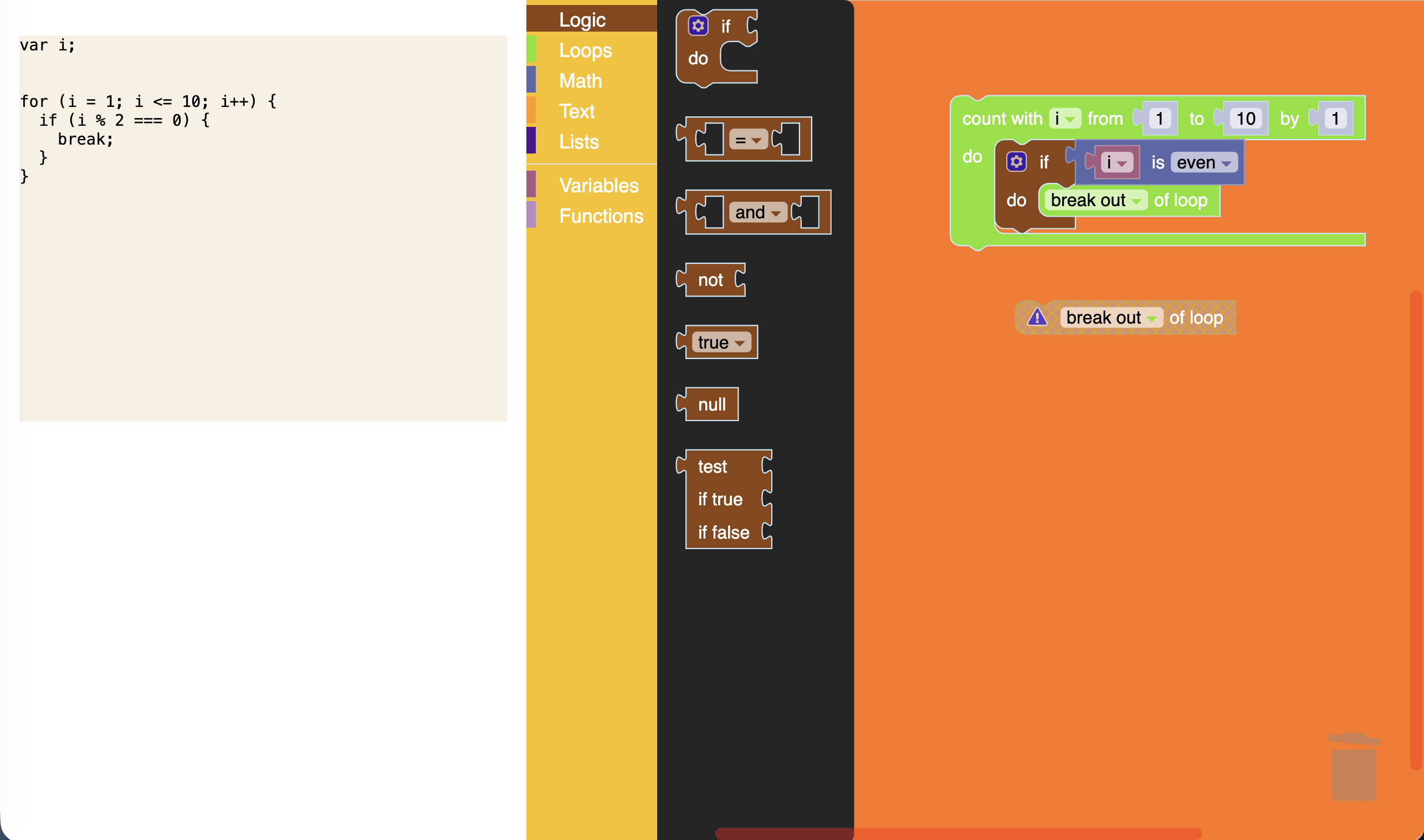 A Blockly editor in Halloween colors, the logic flyout open and various blocks on the workspace. The code and output divs are still the default colors.