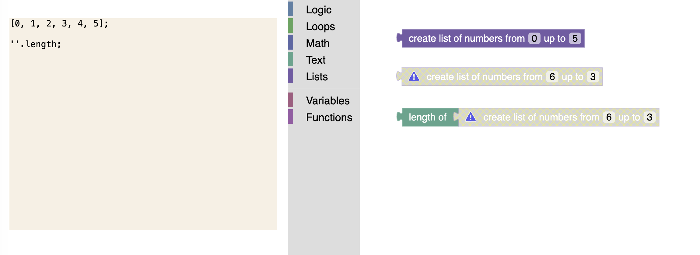 A Blockly workspace with three custom blocks. One has valid inputs and generates code. Two have invalid inputs, are disabled, and do not generate code.